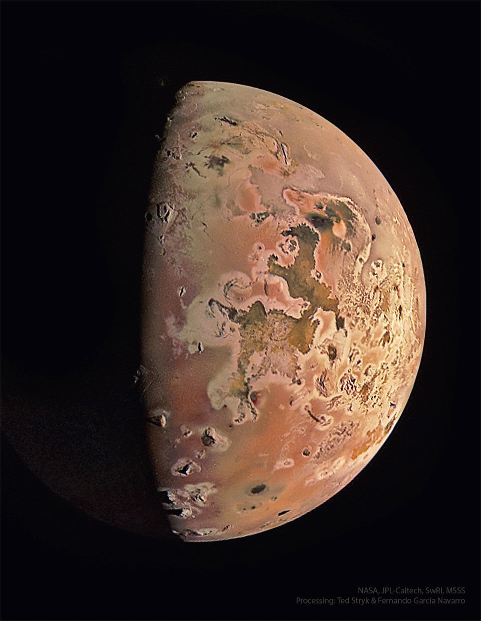 Jupiter's moon Io is shown as photogaphred recently
by NASA's passing Juno spacecraft. The moon is nearly half-
lit by the distant Sun and shows a complex surface including
the colors yellow, orange, and dark brown. Near the top, the
plume of an active volcano can be seen.
Please see the explanation for more detailed information.