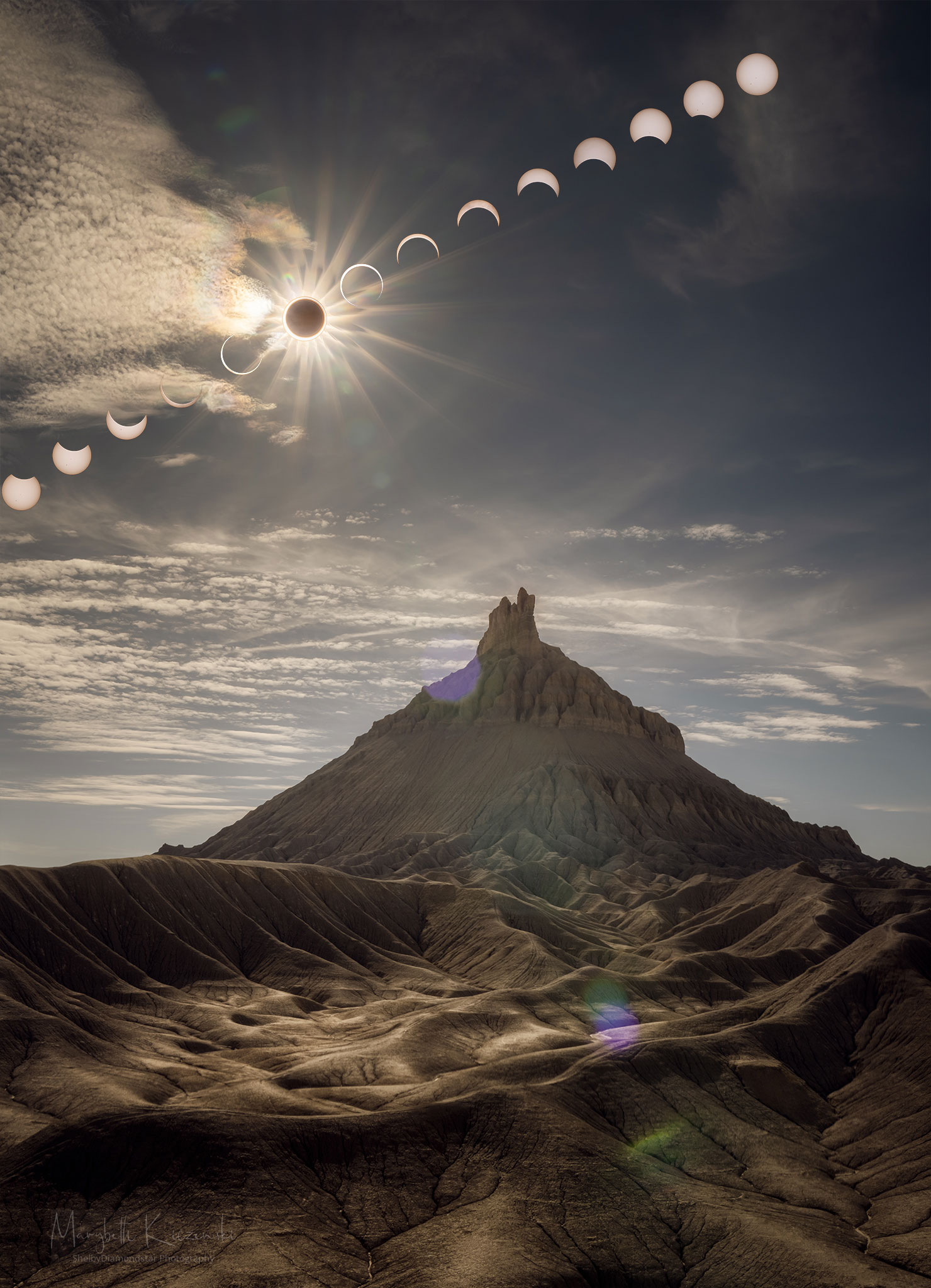 A sequence of Sun and Moon images are shown behind a
scenic foreground that features the large Factory Butte.
The foreground was taken during the maximum part of the 
annular eclipse and seems somehow oddly lit. 
Please see the explanation for more detailed information.