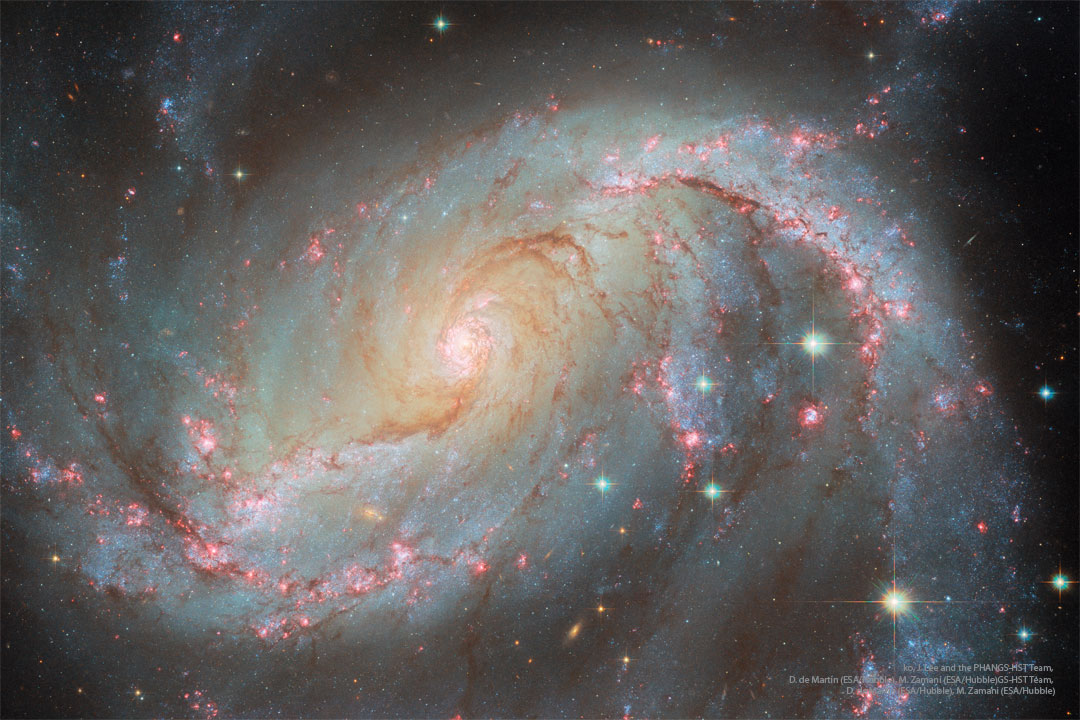 A spiral galaxy is shown in great detail. Visible 
are blue star clusters, red nebulas, and brown dust
in a spiral pattern around the image and galaxy center.
Please see the explanation for more detailed information.